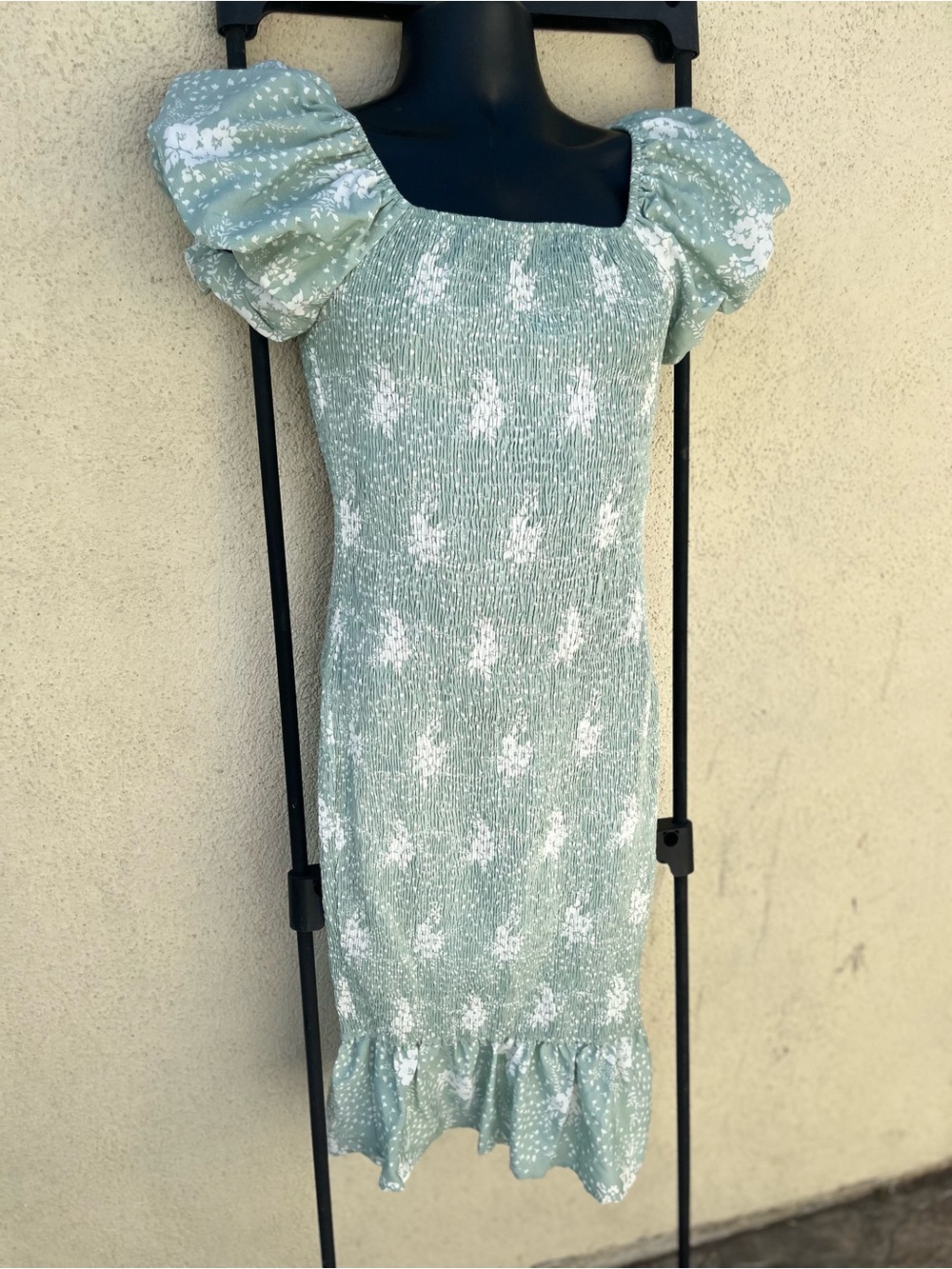 Simple Sage Green Floral Smocked Dress